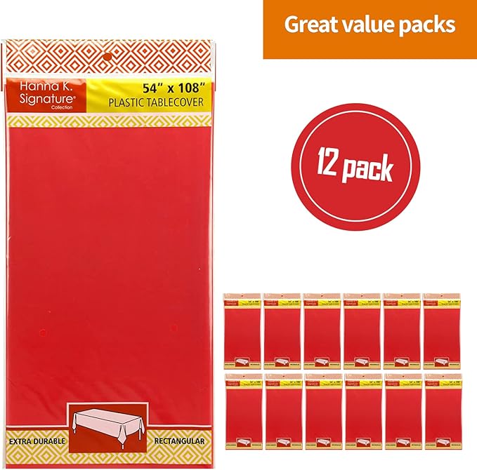Party Dimensions Red Tablecloth Disposable Plastic Table Cover for Rectangle Tables (12 Pack) Premium Plastic Table Cloths for Parties, Events & Weddings, Indoors/Outdoors, 54"x108"