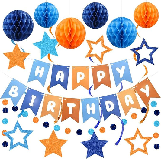 Pre-Strung Happy Birthday Decorations for Boys Men Women, Orange Blue Birthday Banner with Honeycomb Balls, Stars Hanging Swirl Streamers, Circle Dots Garland