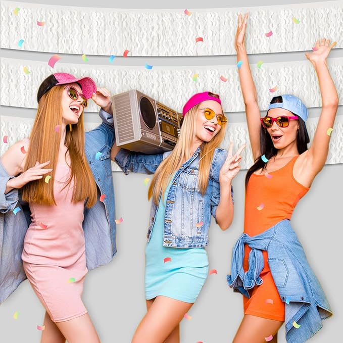 6 Pack 10 Feet White Wave Foil Fringe Garland Metallic Tinsel Streamers Banner Wall Hanging Curtain Backdrop for Parade Floats, Mother's Day, Easter, Wedding, Birthday Party Decoration