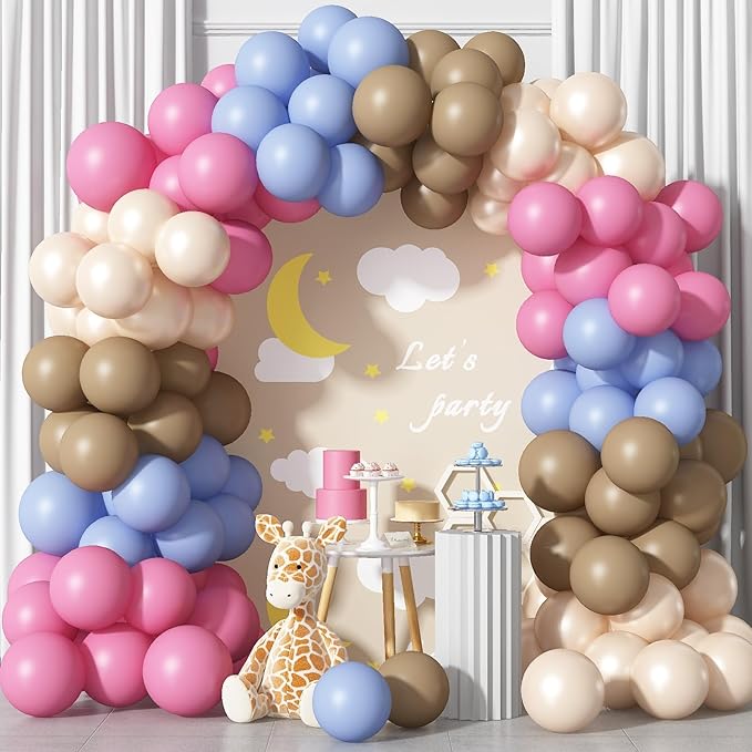 Pink Blue Balloons 60 Pcs Dusty Pink Blue Brown Balloons 12 Inch Retro Slate Blue Pink Tan Khaki Brown White Sand Balloon for Boho Gender Reveal Boys or Girls Baby Shower Birthday Party Decorations
