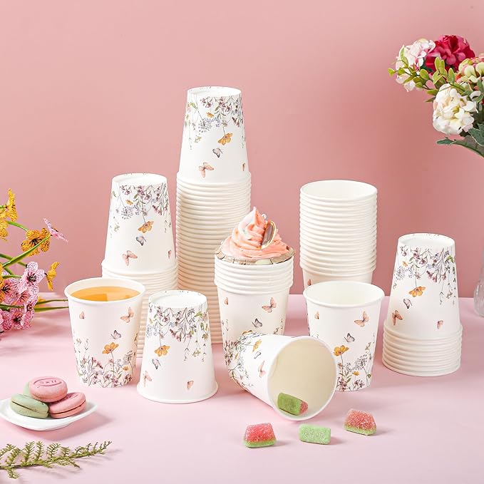 100Pcs Fall Wildflower Paper Cups Watercolor Floral Party Cups 9oz Rustic Botanical Butterflies Disposable Coffee Cups for Spring Summer Birthday Bridal Baby Shower Tea Party Supplies