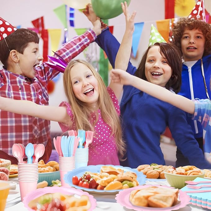 416 Pcs Pink And Blue Party Supplies - For 52 Guests Paper Plates And Napkins Knives Spoons Forks Cups - Disposable Small Scalloped Dinner Party Set Cutlery - For Baby Shower Bridal Shower Wedding