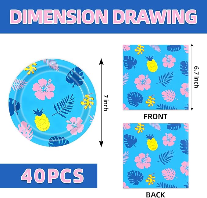 40Pcs Hawaiian Birthday Party Decorations Plates and Napkins Blue Cartoon Hawaiian Themed Party or Baby Shower Supplies Set for 20 Guests