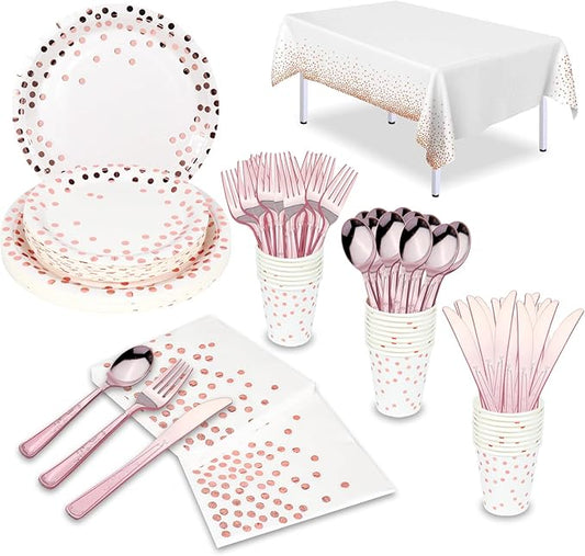 176 Pieces Rose Gold Disposable Party Dinnerware Set &Golden Dot Disposable Party Dinnerware - White Paper Plates Napkins Cups, Gold Plastic Forks Knives Spoons (25 Guests,176 Pieces)