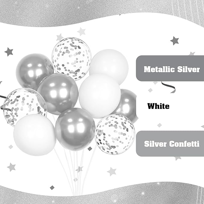 60pcs White and Silver Balloons 12inch, Silver and White Balloons with Metallic Silver Confetti Balloons for Birthday Baby Shower Wedding Anniversary New Years Party Decorations