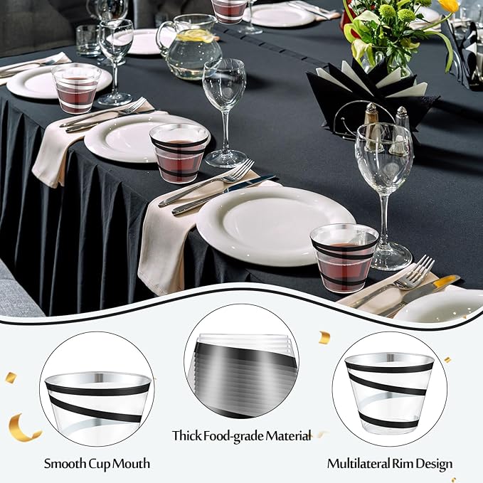 Gejoy 9 oz Rimmed Swirl Plastic Cups Disposable Wine Drinking Cups Clear Elegant Halloween Tumblers for Christmas Party Supplies(Silver, Black,100 Pcs)