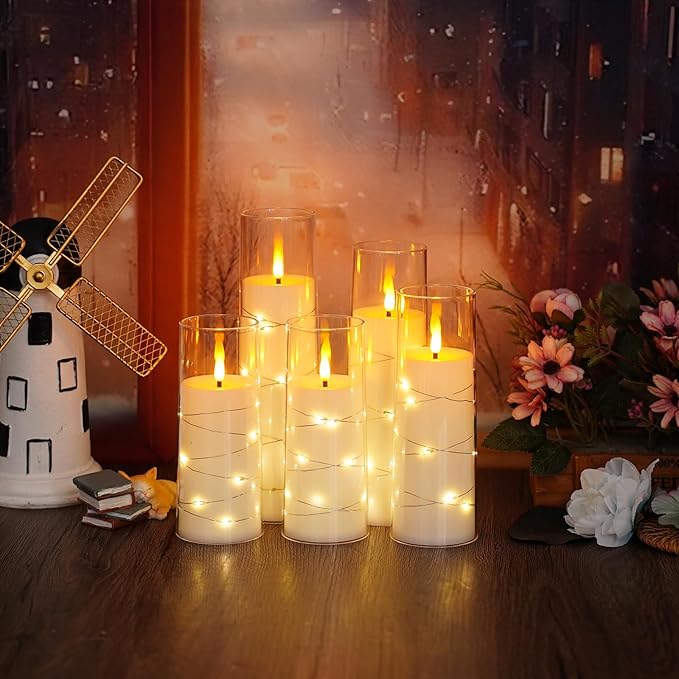 Flameless LED Candles with Timer 5 Pc Flickering Flameless Candles for Romantic Ambiance and Home Decoration Stable Acrylic Shell,with Embedded Star String，Battery Operated Candles（White）