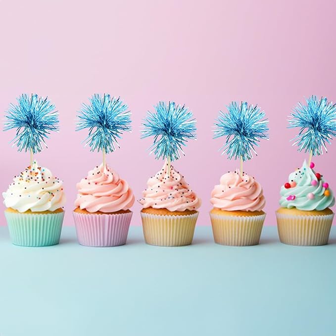 Gyufise 30Pcs Foil Firework Cupcake Toppers Sparkle Tinsel Cake Toppers Tinsel Drink Cake Decoration Cocktail Picks for Birthday Wedding Graduation Party Supplies Lake Blue