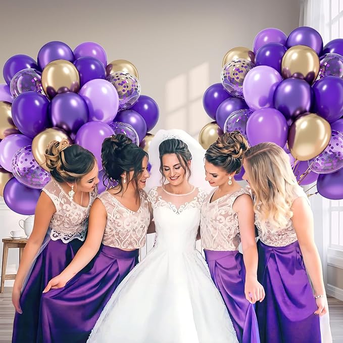 60pcs Purple and Gold Balloons 12inch with Dark Purple Metallic Gold Confetti Latex Balloons for Graduation Wedding Baby Shower Birthday Party Decorations