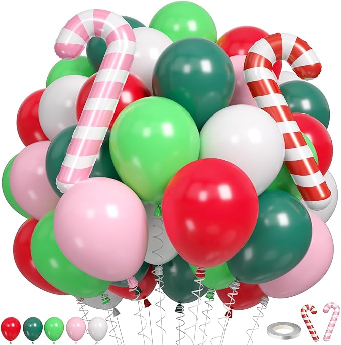 Christmas Balloons, 60pcs Pink Red Green Balloons with Candy Cane Foil Balloon, Retro Green and Pink White Xmas Party Balloon for Christmas Decorations Birthday New Year Carnival Party Supplies