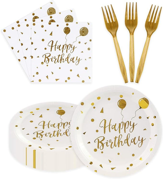 90PCS Happy Birthday Plates and Napkins Party Supplies, Disposable White Gold Dot Dessert Paper Plates Napkins with Forks Tableware Set Party Decorations for Girl Women Birthday Parties