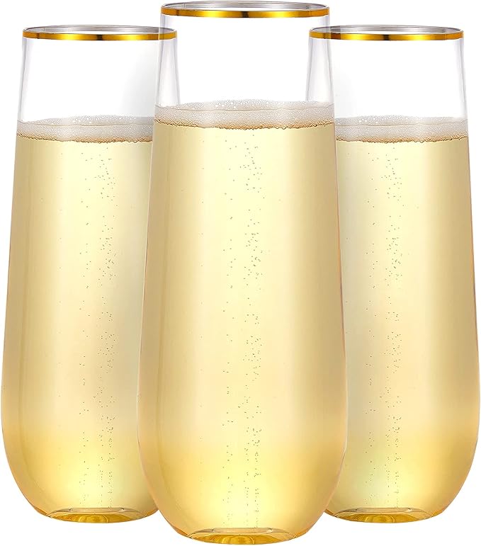 N9R 36PCS Plastic Champagne Flutes, 9 Oz Stemless Disposable Gold Rim Toasting Glasses, Crystal Clear Cocktail Cups Drinkware Shatterproof Ideal for Party Wedding Birthday