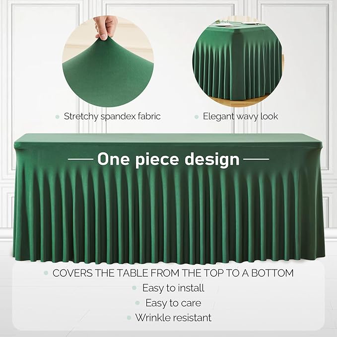 1 Pack Green Table Clothes for 8 Foot Rectangle Tables, One-Piece Wrinkle Resistant Stretch Spandex Table Covers Christmas Table Skirt for Event Banquet Wedding Birthday Party