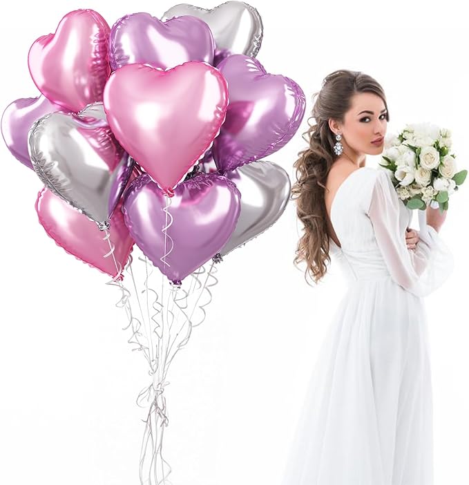 Pink Purple Foil Heart Balloons, 18 Inch 12Pcs Lavender Purple Pink and Silver Heart Shape Foil Balloons, Light Violet Purple Helium Balloon for Girls Women Birthday Wedding Valentines Butterfly Party