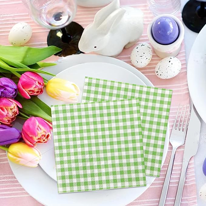 FLOWERCAT 100-Count 2-Ply Green Checkered Cocktail Napkins Gingham - Green and White Checkered Napkins Disposable Premium Quality - 5" x 5" Paper Napkins for Easter Party,Bar,Weddings