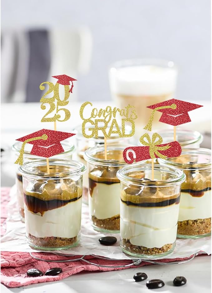 24Pcs Graduation Cupcake Toppers, Graduation Cupcake Picks for Cupcake Food Decorations - Class of 2025 Cupcake Toppers Supplies (Red Gold)
