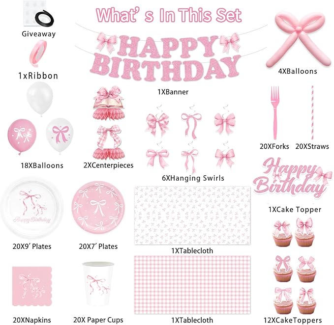 190PCS Pink Bow Party Supplies Birthday Decorations Coquette Disposable Plates Napkins Set, Banner, Hanging Swirls, Tablecloth, Cake Topper, Balloon, Honeycomb Centerpieces Table Decorations
