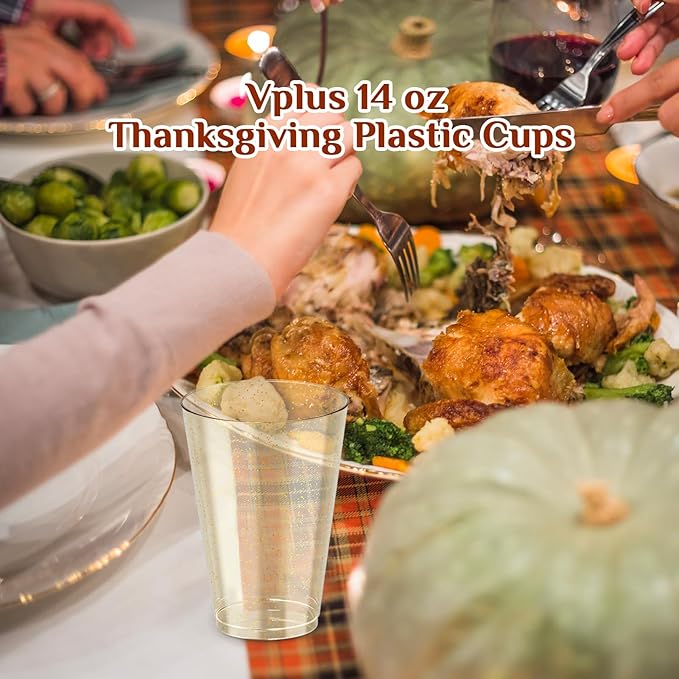 Vplus 100 Count 14 OZ Gold Glitter Heavy Duty Large Plastic Cups, Disposable Plastic Glasses Tumblers, Elegant Wedding Birthday Thanksgiving Party Cups