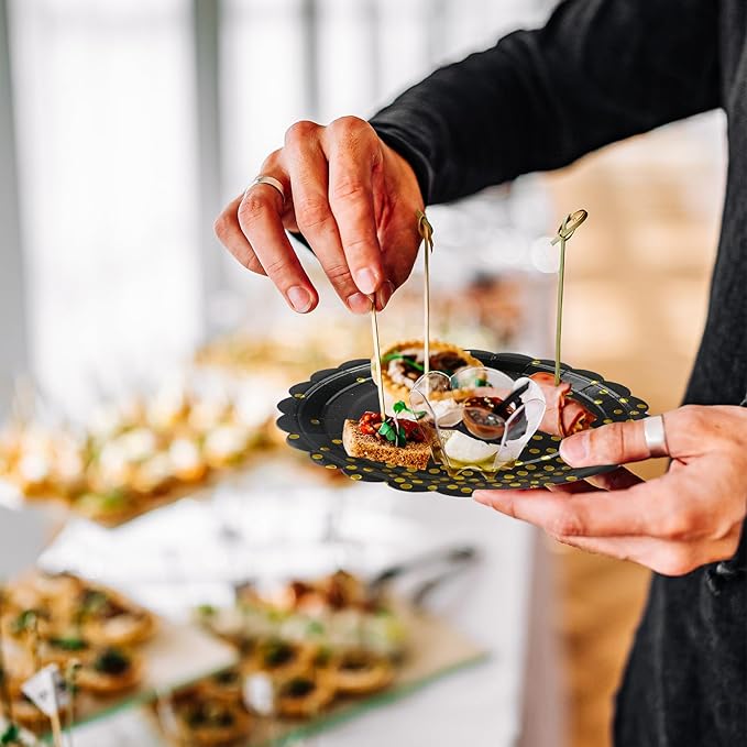 50PCS Black and Gold Paper Plates and Napkins, 7Inch Black and Gold Dot Party Supplies Disposable Party Plates Tableware Set for Birthdays, Graduations, Fathers Day Retirement and Weddings Decorations