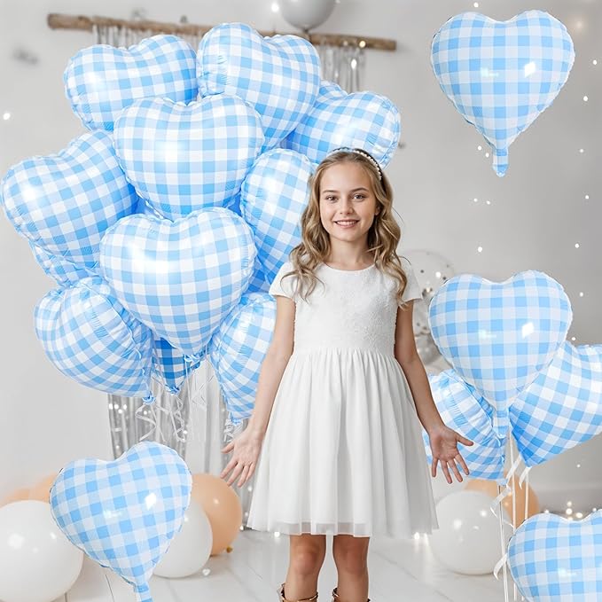 Blue White Checkered Heart Balloons, 10 Pcs Light Blue Grid Heart Shape Balloon, 18 Inch Lattice Foil Valentines Balloons for Kids Boys Birthday Wedding Valentines Bridal Baby Shower Party Decorations