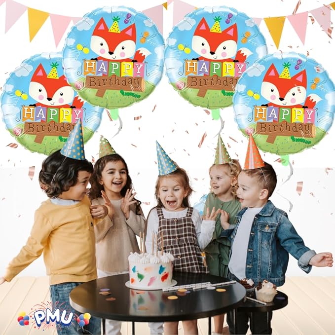 PMU Happy Birthday Party Fox 18 Inch Mylar-Foil Balloon Pkg/5