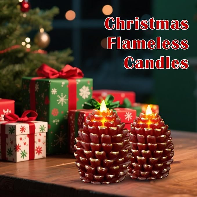 Christmas Pinecone Candles Flameless,Battery Operated Candles with Flickering Wick,Indoors Fake Candle,Christmas Candle Pine Cones Holiday Decor,Winter Thanksgiving Decorations,Set of 2