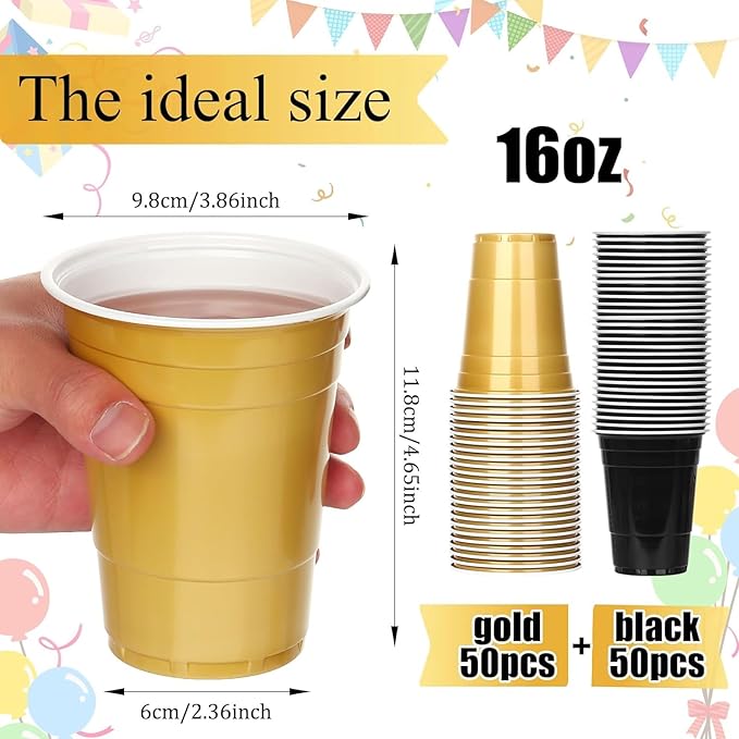 KesaPlan 100PCS 16 oz Plastic Cups Graduation Cups Black and Gold Cup Disposable Party Cups Bulk for Party Graduation Wedding Birthday Halloween Family Gatherings and Festive Celebrations