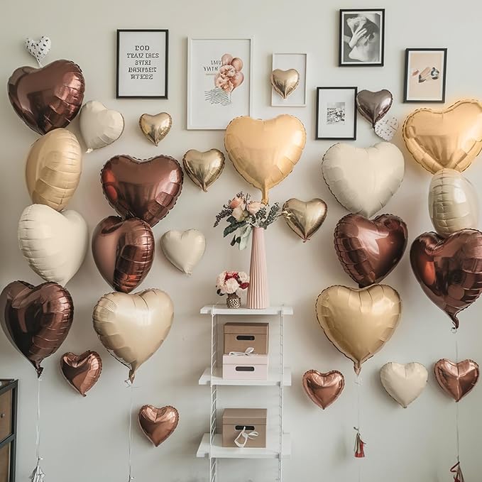 Cream Brown Heart Balloons, 19PCS Brown Apricot Heart Shape Balloon, 18Inch with 10Inch Cream Beige Coffee Helium Nude Neutral Love Balloon for Girls Boho Birthday Baby Shower Wedding Decoration