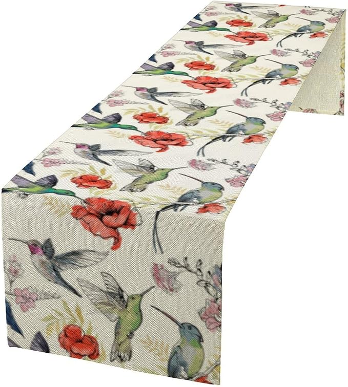 Summer Tropical Hummingbird Floral Table Runner,Spring Birds Table Runner Burlap Table Decoration for Seasonal Home Kitchen Dining Dinner Indoor Holiday Farmhouse Decor 13x108 Inch