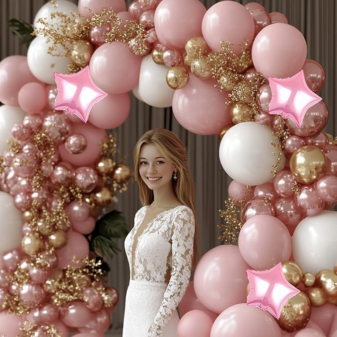 Pink White and Gold Balloon Garland Arch Kit, 160Pcs Pink White Rose Gold Chrome Gold Latex Balloons with Star Foil Balloons for Baby Bridal Shower Wedding Valentine’s Day Birthday Party Decorations