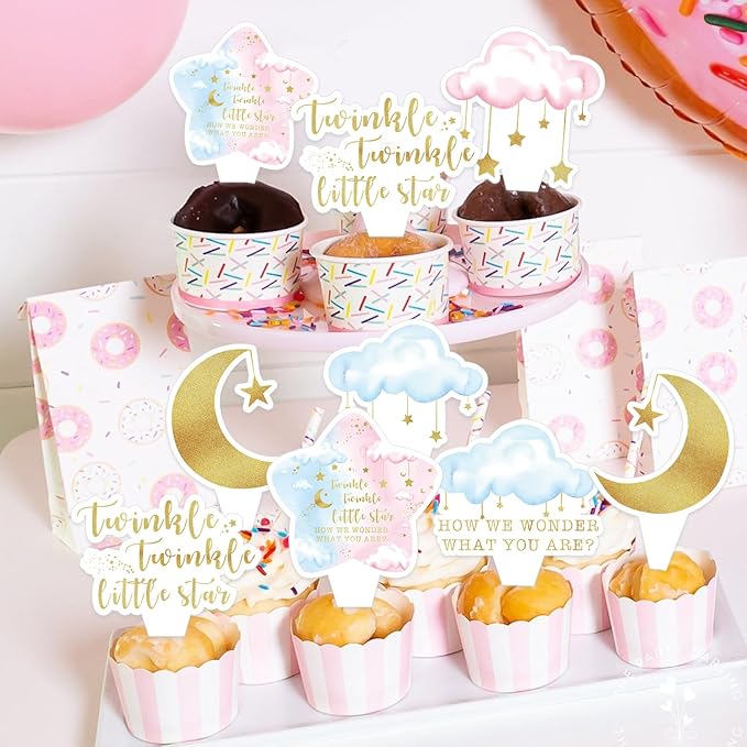 20 PCS Baby Shower Cupcake Toppers, Twinkle Twinkle Little Star Gender Reveal Decorations, Cake Party Supplies Decorations Gender Reveal Party Decorations for Baby Shower Boy Girl Birthday