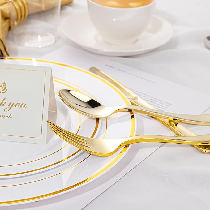 N9R 500PCS Gold Plastic Silverware - Gold Plastic Cutlery Set Disposable Flatware Dinnerware -200 Forks, 150 Spoons, 150 Knives for Party, Birthday, Wedding Utensils