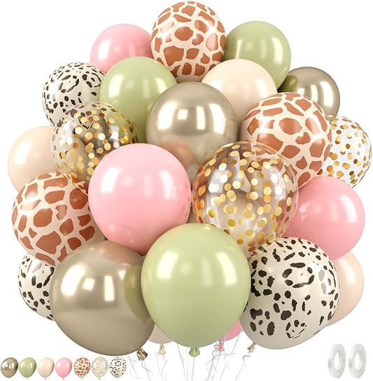 Sage Green Pink Balloon, 50 Pcs 12 Inches Striped Leopard Print Balloons, Metallic Gold Confetti Retro Green Pink Latex Balloons for Jungle Safari Tropical Birthday Party Decorations