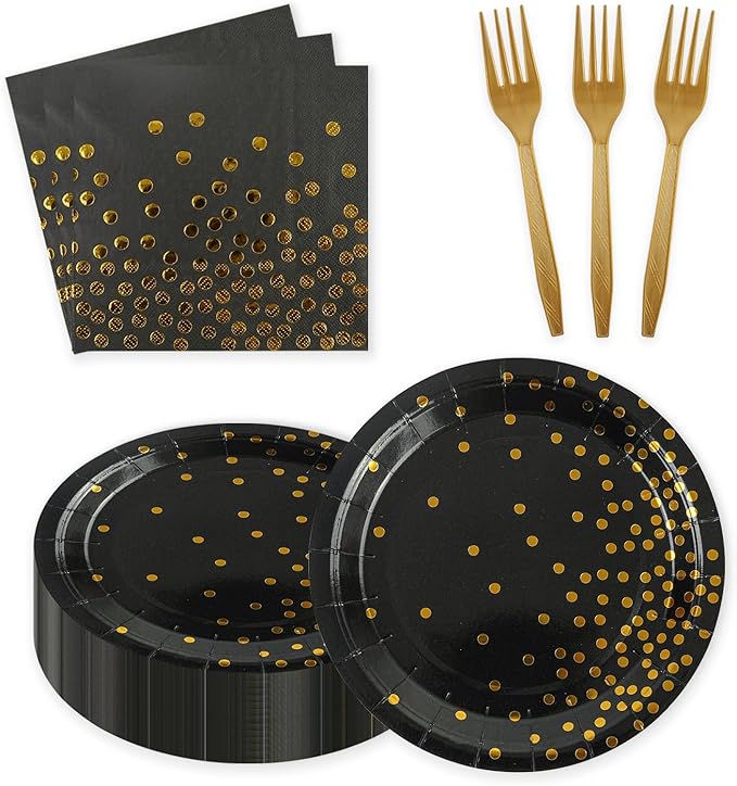 90PCS Black and Gold Paper Plates and Napkins Set, Disposable Gold Dot Party Plates with Napkins Forks Dessert Dinnerware Party Supplies for Wedding, Graduation, Festivals