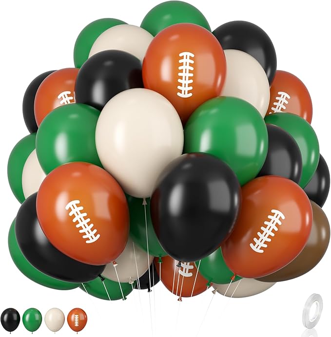 12 Inch Football Printed Party Balloons - Dark Green, Black, Beige - Boys Sports Birthday Party Decorations