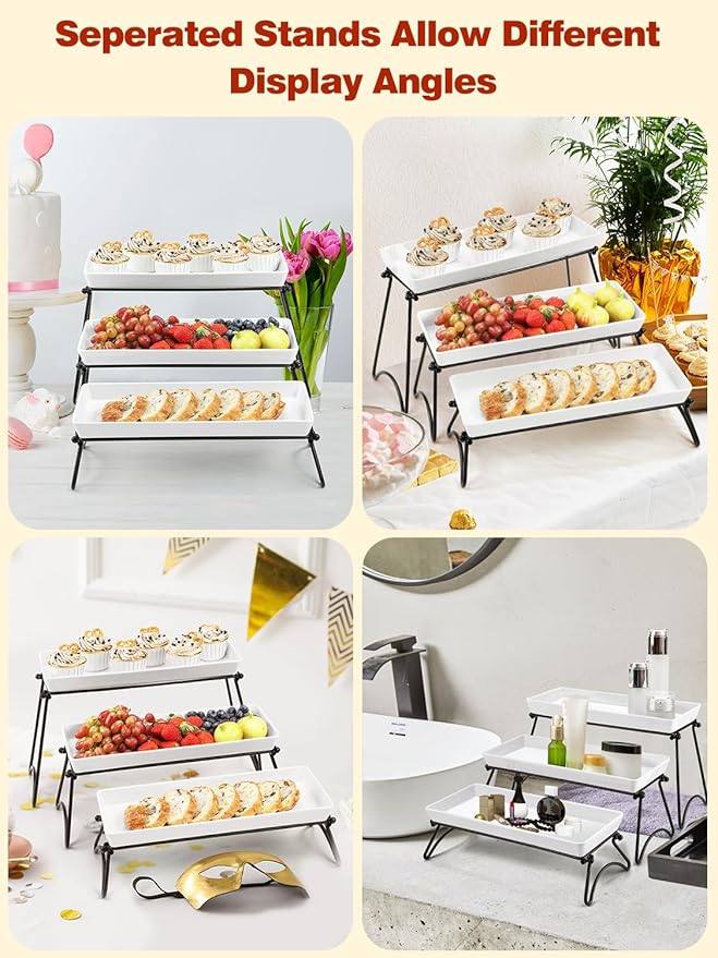 Yedio 3 Tier Serving Tray Set, 14" White Porcelain Platters with Collapsible Metal Stands, Tiered Serving Stand for Party Food Display, Cupcakes, Desserts, Fruit & Appetizers