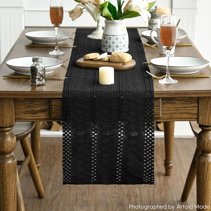Artoid Mode Black Farmhouse Woven Rustic Hollow Table Runner, Seasonal Holiday Hollow Kitchen Dining Table Decoration for Home Party Decor 12x60 Inch