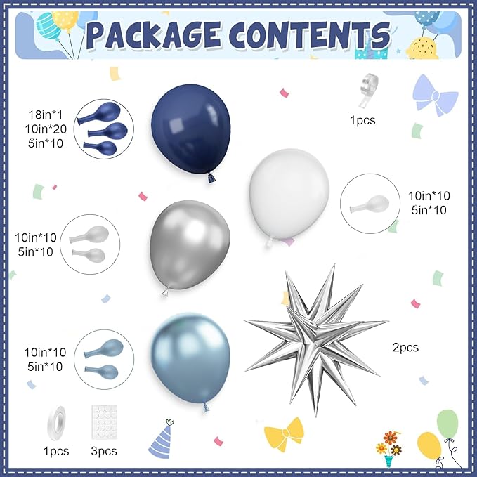 Blue Silver Balloon Arch Kit, Navy Blue Silver White Balloon Garland with Metallic Light blue silver Balloons Star Foil Balloons for Boys Men Birthday Wedding Graduation Baby Shower Party Decoration