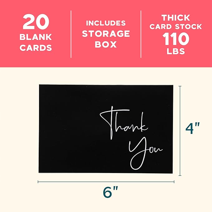 VNS Creations 20 Pack Thank You Cards With Envelopes, Stickers, 4x6 Inch Blank Thank You Notes - Bulk Box Set Large Notes for Graduation, Wedding, Small Business, Baby & Bridal Shower - Black