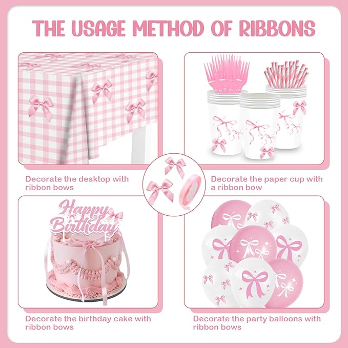 190PCS Pink Bow Party Supplies Birthday Decorations Coquette Disposable Plates Napkins Set, Banner, Hanging Swirls, Tablecloth, Cake Topper, Balloon, Honeycomb Centerpieces Table Decorations