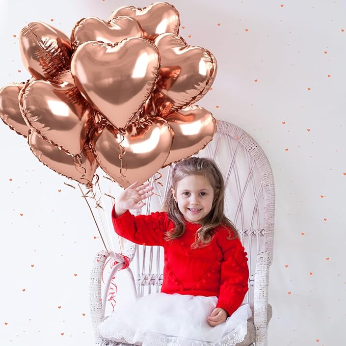 Rose Gold Foil Heart Balloons, 10PCS Rose Gold Heart Shape Balloons, Valentines Balloons 18inch Foil Balloons for Helium Birthday Decorations for Valentines Day, Wedding, Brithday Party, Baby Shower