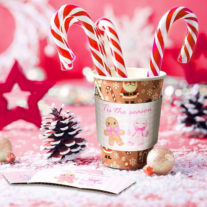 Yungyan 100 Pack 12 oz Christmas Disposable Coffee Cups with Lids and Sleeves Insulated Paper Coffee Cups with Dome Lids and Sleeves for Christmas Hot Chocolate Party Supplies(Cute Pink)