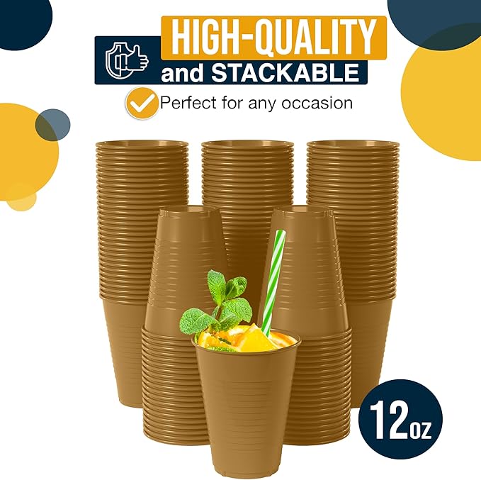 Exquisite Party Solids 12 Oz Gold Plastic Cups For Party Supplies 50 Pack | Gold Disposable Cups Plastic | Disposable Drinkware For Parties, Events & Everyday