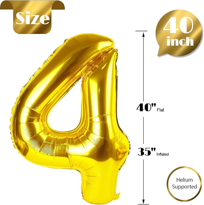 Gold Number 4 Balloon 40 Inch, 4th Birthday Party Decorations for Children, Giant 4 Foil Balloon for Party Supplies
