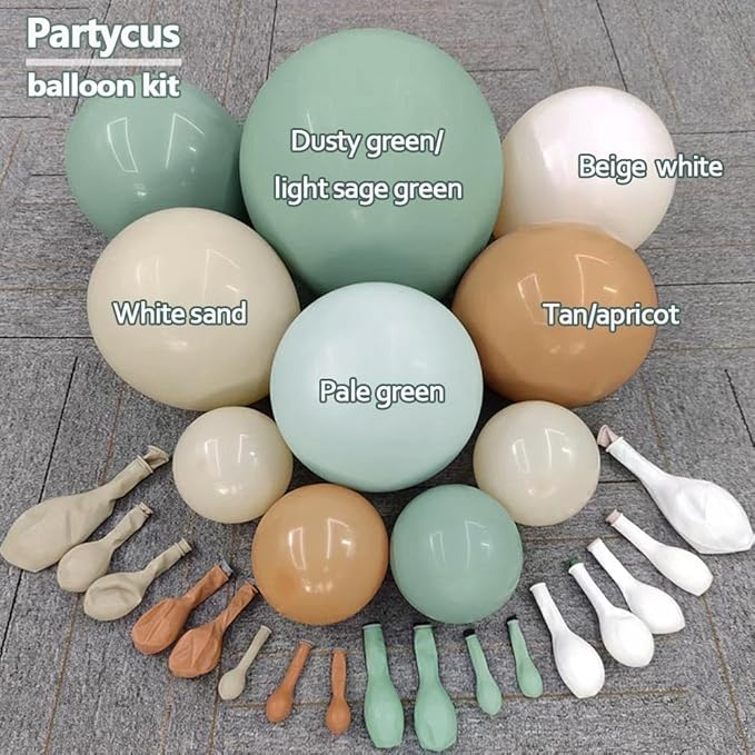 Dusty Green Tan Balloon Arch Kit Double Stuffed, Light Sage Green White Sand Brown Apricot Pastel Neutral Balloon Garland for Boho Baby Shower Birthday Wedding Fall Christmas Party Decoration