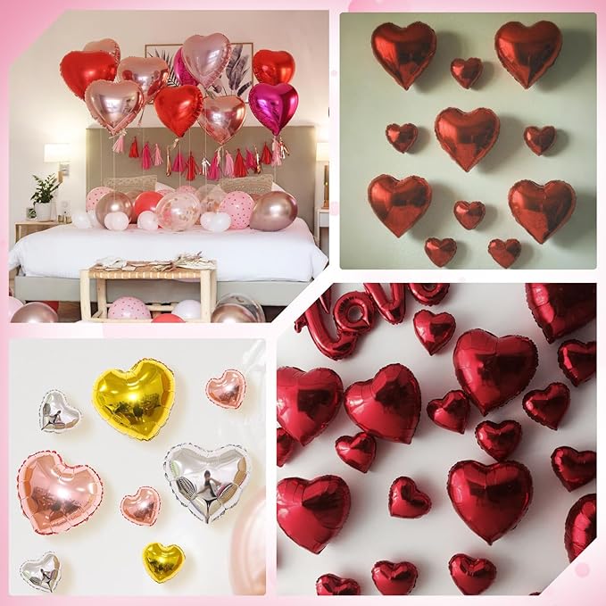 Rose Gold Pink Heart Balloons, Heart Shaped Ballons, 20 Pcs 5/10/18 inch Rose Pink Foil Love Balloons for Valentine's Day Decorations Wedding Engagement Bridal Showers Anniversary Celebrations