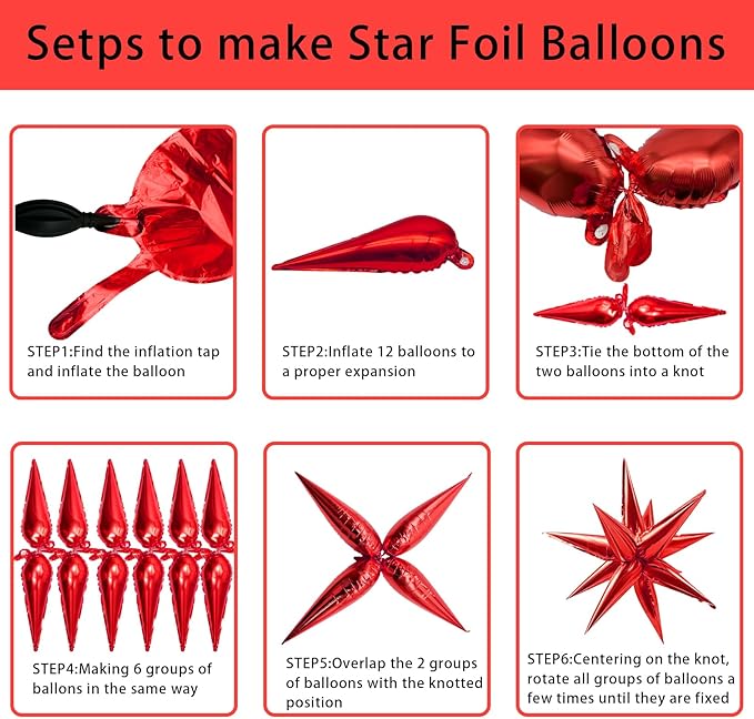Red Star Foil Balloons Explosion 12 Point Spike Baloons Large Mylar Balloon Party Decorations Backdrops for Christmas Wedding Anniversary Bachelorette Engagement Birthday Valentine's Day