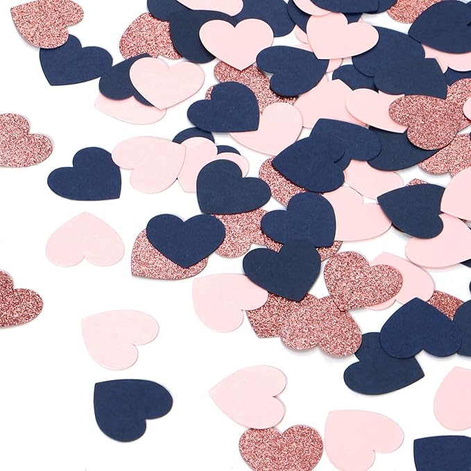 Navy-Blue Pink Rose-gold Heart Confetti - 300pcs Decor Glitter Paper Dots Gender Reveal Graduations Wedding Bachelorette Engagement Birthday Party Table Decorations Lasting Surprise