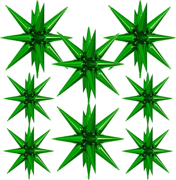 Green Star Balloons - 8 Pcs Green Foil Balloons Magic One-Piece 14-Pointed Mylar Spike Balloon 4D Explosion Star Balloon for Christmas Birthday Wedding Safari Jungle Party Decorations