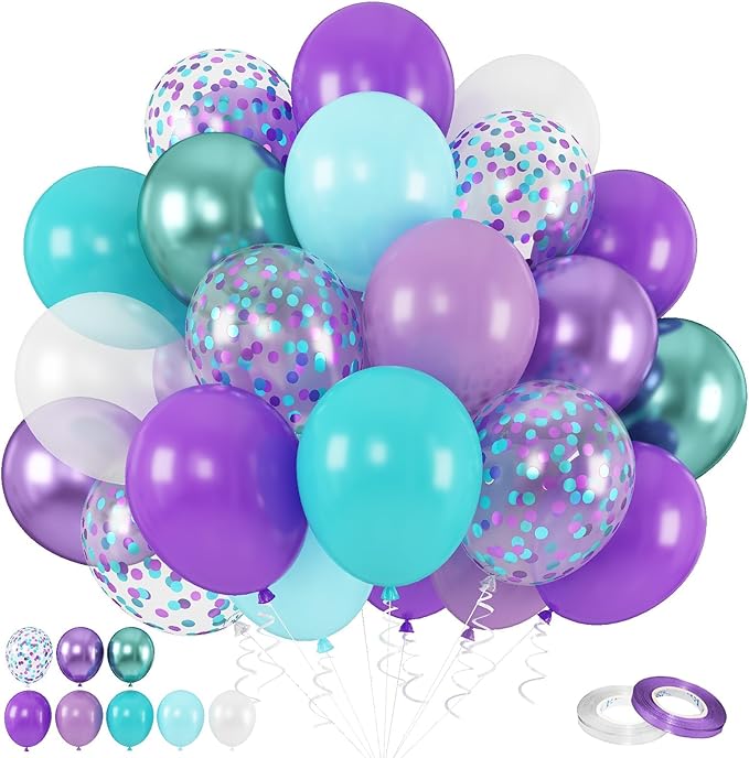 Mermaid Balloons, 60pcs 12 Inch Purple Teal and White Balloon Set with Metallic Purple Green Teal Purple Confetti Balloon, Pearl White Balloons for Birthday Wedding Mermaid Party